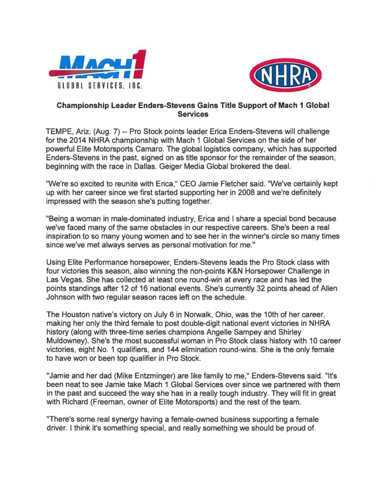 Mach 1 Backs Enders Stevens In Nhra Championship Countdown